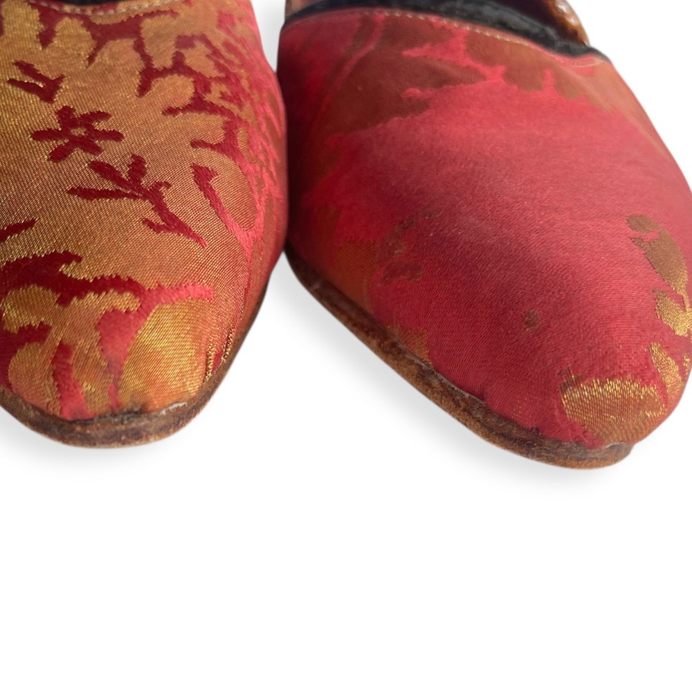 MERE Handcrafted Brocade Contrast Texture Snakeskin Pointed Toe Wood Heel Flats - Picture 9 of 16